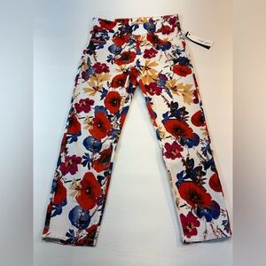 Tribal Floral PullOn Ankle Jeggings. Vibrant Poppy. Denim Stretch Size 12